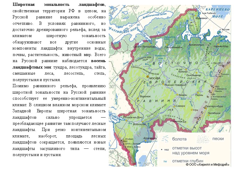 Широтная зональность ландшафтов, свойственная территории РФ в целом, на Русской равнине выражена особенно отчетливо.